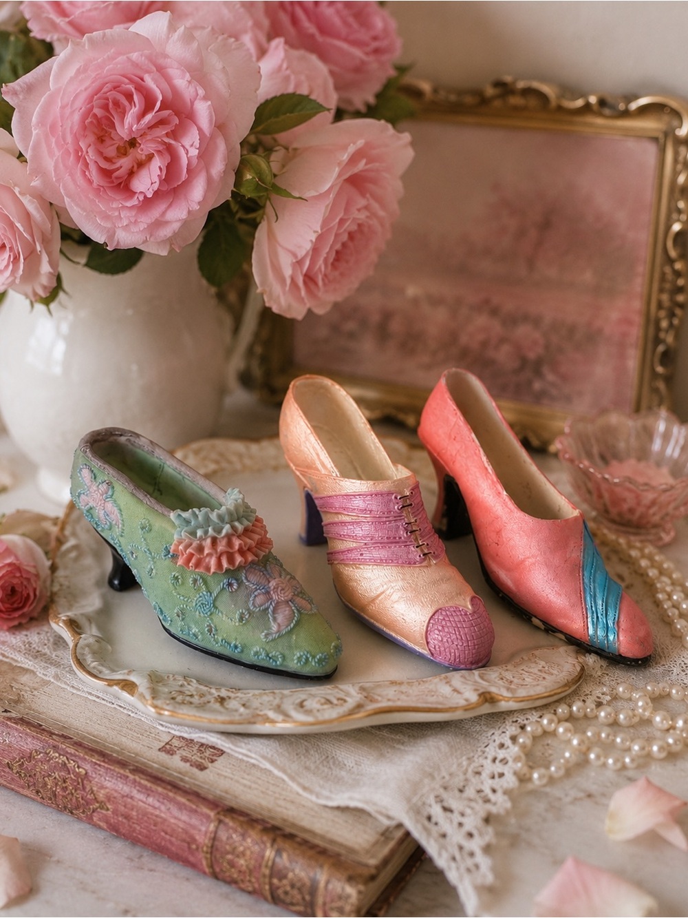 Vintage set of 3 Women's Decorative Heels - Pink, Coral, Green